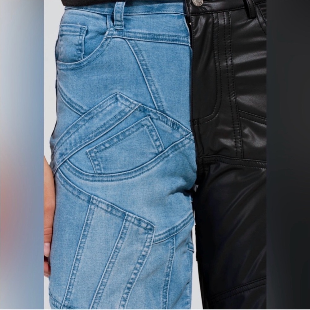 AKIRA Black Faux Leather and Blue Denim Patchwork Straight Leg Jeans - Picture 5 of 5